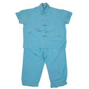 VTG Chinese 2 Pc Outfit Girls Sz 18M Blue Shirt‎ Pants Pankou Knots Frog Detail